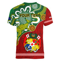 Personalised Australia And Tonga Women V Neck T Shirt Aboriginal Mix Tongan Ngatu Unique Style - Wonder Print Shop