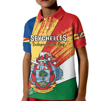 Kids polo shirt with Seychelles Independence Day flag graphic, red blue white green panels