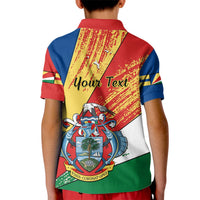 Kids polo shirt back view with Your Text flag graphic, red blue white green panels