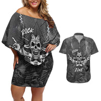 Live Love Rock Skull Couples Matching Off Shoulder Short Dress and Hawaiian Shirt Retro Grunge Style - Wonder Print Shop