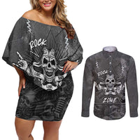 Live Love Rock Skull Couples Matching Off Shoulder Short Dress and Long Sleeve Button Shirt Retro Grunge Style - Wonder Print Shop