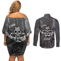 Live Love Rock Skull Couples Matching Off Shoulder Short Dress and Long Sleeve Button Shirt Retro Grunge Style - Wonder Print Shop