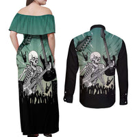 Electric Guitar Skull Couples Matching Off Shoulder Maxi Dress and Long Sleeve Button Shirt Lets Rock - Wonder Print Shop