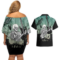 Electric Guitar Skull Couples Matching Off Shoulder Short Dress and Hawaiian Shirt Lets Rock - Wonder Print Shop