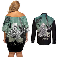 Electric Guitar Skull Couples Matching Off Shoulder Short Dress and Long Sleeve Button Shirt Lets Rock - Wonder Print Shop