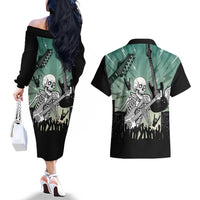 Electric Guitar Skull Couples Matching Off The Shoulder Long Sleeve Dress and Hawaiian Shirt Lets Rock - Wonder Print Shop