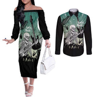 Electric Guitar Skull Couples Matching Off The Shoulder Long Sleeve Dress and Long Sleeve Button Shirt Lets Rock - Wonder Print Shop
