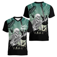 Electric Guitar Skull Women V-Neck T-Shirt Lets Rock - Wonder Print Shop