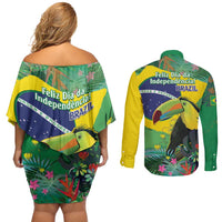 Feliz Dia Da Indepencencia Brazil Couples Matching Off Shoulder Short Dress and Long Sleeve Button Shirt Brasil Toucan Tropical Vibes - Wonder Print Shop