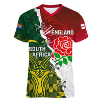 Personalised South Africa And England Rugby Women V Neck T Shirt 2023 Springboks Combine Red Roses Sporty Style - Wonder Print Shop
