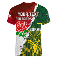 Personalised South Africa And England Rugby Women V Neck T Shirt 2023 Springboks Combine Red Roses Sporty Style - Wonder Print Shop