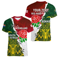 Personalised South Africa And England Rugby Women V Neck T Shirt 2023 Springboks Combine Red Roses Sporty Style - Wonder Print Shop