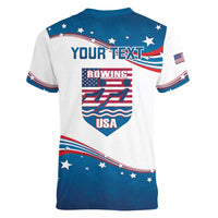 Personalized USA Rowing Women V-Neck T-Shirt 2024 United States Flag Curve Style - Wonder Print Shop