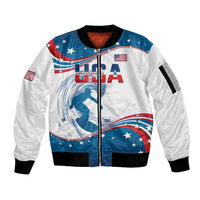 Personalized USA Surfing Sleeve Zip Bomber Jacket 2024 United States Flag Curve Style - Wonder Print Shop