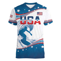 Personalized USA Surfing Women V-Neck T-Shirt 2024 United States Flag Curve Style - Wonder Print Shop