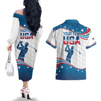 Personalized USA Golf Couples Matching Off The Shoulder Long Sleeve Dress and Hawaiian Shirt 2024 United States Flag Curve Style - Wonder Print Shop