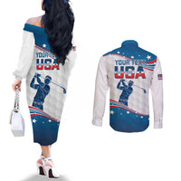 Personalized USA Golf Couples Matching Off The Shoulder Long Sleeve Dress and Long Sleeve Button Shirt 2024 United States Flag Curve Style