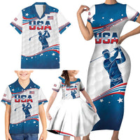 Personalized USA Golf Family Matching Short Sleeve Bodycon Dress and Hawaiian Shirt 2024 United States Flag Curve Style - Wonder Print Shop