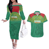 Custom Guyana Football Couples Matching Off The Shoulder Long Sleeve Dress and Hawaiian Shirt Go Golden Jaguars Green Version - Wonder Print Shop