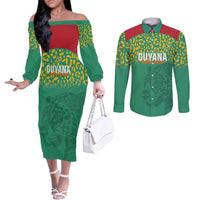 Custom Guyana Football Couples Matching Off The Shoulder Long Sleeve Dress and Long Sleeve Button Shirt Go Golden Jaguars Green Version - Wonder Print Shop