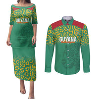 Custom Guyana Football Couples Matching Puletasi and Long Sleeve Button Shirt Go Golden Jaguars Green Version - Wonder Print Shop