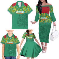 Custom Guyana Football Family Matching Off The Shoulder Long Sleeve Dress and Hawaiian Shirt Go Golden Jaguars Green Version - Wonder Print Shop