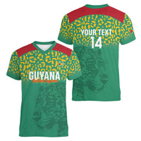 Custom Guyana Football Women V-Neck T-Shirt Go Golden Jaguars Green Version - Wonder Print Shop