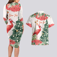 Personalized Trinidad And Tobago Christmas Couples Matching Long Sleeve Bodycon Dress and Hawaiian Shirt Scarlet Ibis Wild Poinsettia Watercolor - Wonder Print Shop