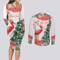Personalized Trinidad And Tobago Christmas Couples Matching Long Sleeve Bodycon Dress and Long Sleeve Button Shirt Scarlet Ibis Wild Poinsettia Watercolor - Wonder Print Shop