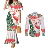 Personalized Trinidad And Tobago Christmas Couples Matching Mermaid Dress and Long Sleeve Button Shirt Scarlet Ibis Wild Poinsettia Watercolor - Wonder Print Shop