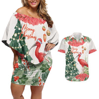 Personalized Trinidad And Tobago Christmas Couples Matching Off Shoulder Short Dress and Hawaiian Shirt Scarlet Ibis Wild Poinsettia Watercolor - Wonder Print Shop