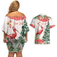Personalized Trinidad And Tobago Christmas Couples Matching Off Shoulder Short Dress and Hawaiian Shirt Scarlet Ibis Wild Poinsettia Watercolor - Wonder Print Shop