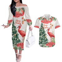 Personalized Trinidad And Tobago Christmas Couples Matching Off The Shoulder Long Sleeve Dress and Hawaiian Shirt Scarlet Ibis Wild Poinsettia Watercolor - Wonder Print Shop