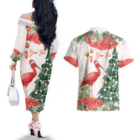 Personalized Trinidad And Tobago Christmas Couples Matching Off The Shoulder Long Sleeve Dress and Hawaiian Shirt Scarlet Ibis Wild Poinsettia Watercolor - Wonder Print Shop