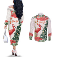 Personalized Trinidad And Tobago Christmas Couples Matching Off The Shoulder Long Sleeve Dress and Long Sleeve Button Shirt Scarlet Ibis Wild Poinsettia Watercolor - Wonder Print Shop