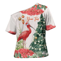 Personalized Trinidad And Tobago Christmas Cross Shoulder Shirt Scarlet Ibis Wild Poinsettia Watercolor - Wonder Print Shop