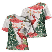 Personalized Trinidad And Tobago Christmas Cross Shoulder Shirt Scarlet Ibis Wild Poinsettia Watercolor - Wonder Print Shop