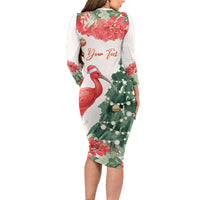 Personalized Trinidad And Tobago Christmas Long Sleeve Bodycon Dress Scarlet Ibis Wild Poinsettia Watercolor - Wonder Print Shop
