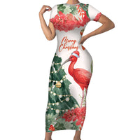 Personalized Trinidad And Tobago Christmas Short Sleeve Bodycon Dress Scarlet Ibis Wild Poinsettia Watercolor - Wonder Print Shop