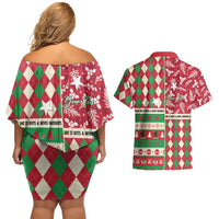 Personalized St Kitts & Nevis Cricket Christmas Couples Matching Off Shoulder Short Dress and Hawaiian Shirt Merry Xmas Patriots - Wonder Print Shop
