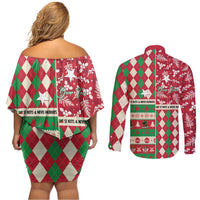 Personalized St Kitts & Nevis Cricket Christmas Couples Matching Off Shoulder Short Dress and Long Sleeve Button Shirt Merry Xmas Patriots - Wonder Print Shop