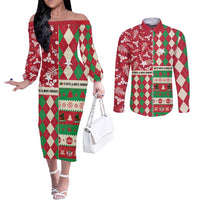 Personalized St Kitts & Nevis Cricket Christmas Couples Matching Off The Shoulder Long Sleeve Dress and Long Sleeve Button Shirt Merry Xmas Patriots - Wonder Print Shop