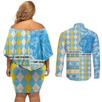 Personalized St Lucia Cricket Christmas Couples Matching Off Shoulder Short Dress and Long Sleeve Button Shirt Merry Xmas Kings - Wonder Print Shop