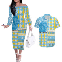 Personalized St Lucia Cricket Christmas Couples Matching Off The Shoulder Long Sleeve Dress and Hawaiian Shirt Merry Xmas Kings - Wonder Print Shop