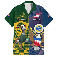 Green and blue button-up Hawaiian rugby shirt with South Africa vs United States graphics