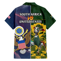 Back view: green and blue button-up Hawaiian rugby shirt with South Africa vs United States text