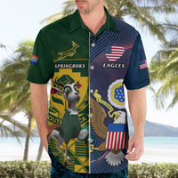Green and blue short-sleeve button-up Hawaiian rugby shirt with Springboks and Eagles emblems