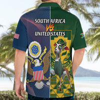 Back view green and blue short-sleeve button-up Hawaiian rugby shirt with South Africa vs US