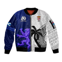 Custom Fiji And Scotland Rugby Sleeve Zip Bomber Jacket Fijian Tapa Pattern With Thistle - Wonder Print Shop