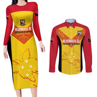 Custom Papua New Guinea Rubgby Couples Matching Long Sleeve Bodycon Dress and Long Sleeve Button Shirts Pacific 2023 Go PNG Kumuls - Wonder Print Shop